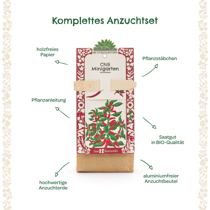 Kit de culture complet pour mini jardins de piments avec tuteur de plantation, instructions de plantation, graines biologiques, papier sans bois, terreau de haute qualité et sac de culture sans aluminium.