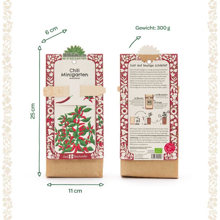 Deux packs de mini kits de culture de piments, chacun représenté au recto et au verso, avec des motifs rouges et verts, des informations sur la taille et le poids en allemand.
