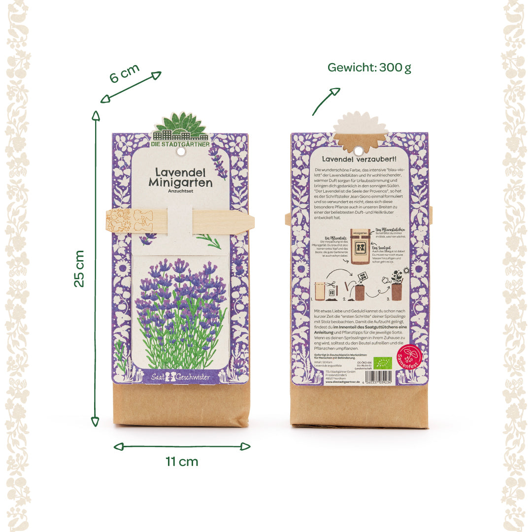 Deux sacs du "Lavender Mini Garden Grow Kit" de Die Stadtgärtner, un de face avec une illustration de lavande et un de dos avec des instructions et une description, les dimensions et le poids sont indiqués.