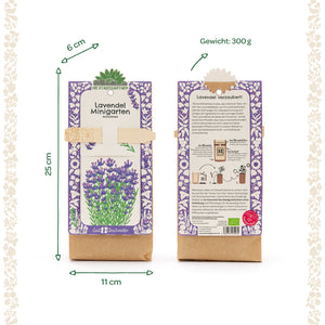 Deux sacs du "Lavender Mini Garden Grow Kit" de Die Stadtgärtner, un de face avec une illustration de lavande et un de dos avec des instructions et une description, les dimensions et le poids sont indiqués.