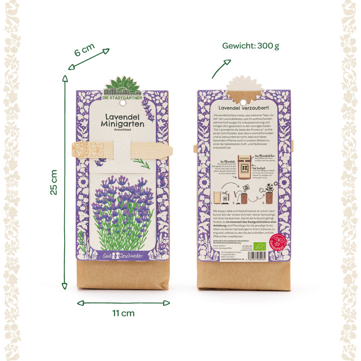 Deux sacs du "Lavender Mini Garden Grow Kit" de Die Stadtgärtner, un de face avec une illustration de lavande et un de dos avec des instructions et une description, les dimensions et le poids sont indiqués.