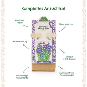 Kit complet de culture de lavande avec instructions de plantation, bâtons de plantation, graines biologiques, terreau de haute qualité, papier sans bois et sac de culture sans aluminium.