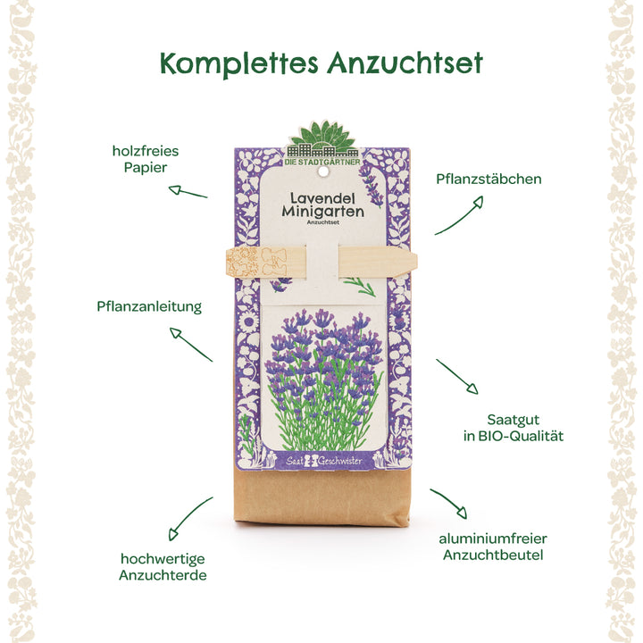 Kit complet de culture de lavande avec instructions de plantation, bâtons de plantation, graines biologiques, terreau de haute qualité, papier sans bois et sac de culture sans aluminium.