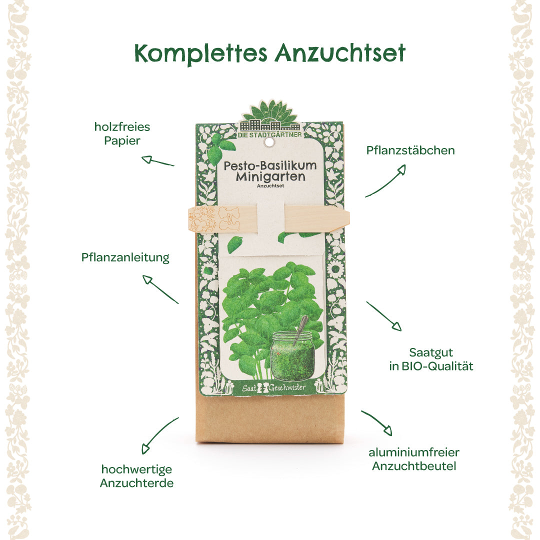 Kit de culture complet pour basilic pesto avec tuteurs de plantation, graines biologiques, papier sans bois, instructions de plantation, terreau de haute qualité et un sac de culture sans aluminium.