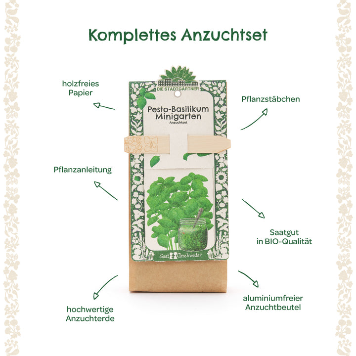 Kit de culture complet pour basilic pesto avec tuteurs de plantation, graines biologiques, papier sans bois, instructions de plantation, terreau de haute qualité et un sac de culture sans aluminium.