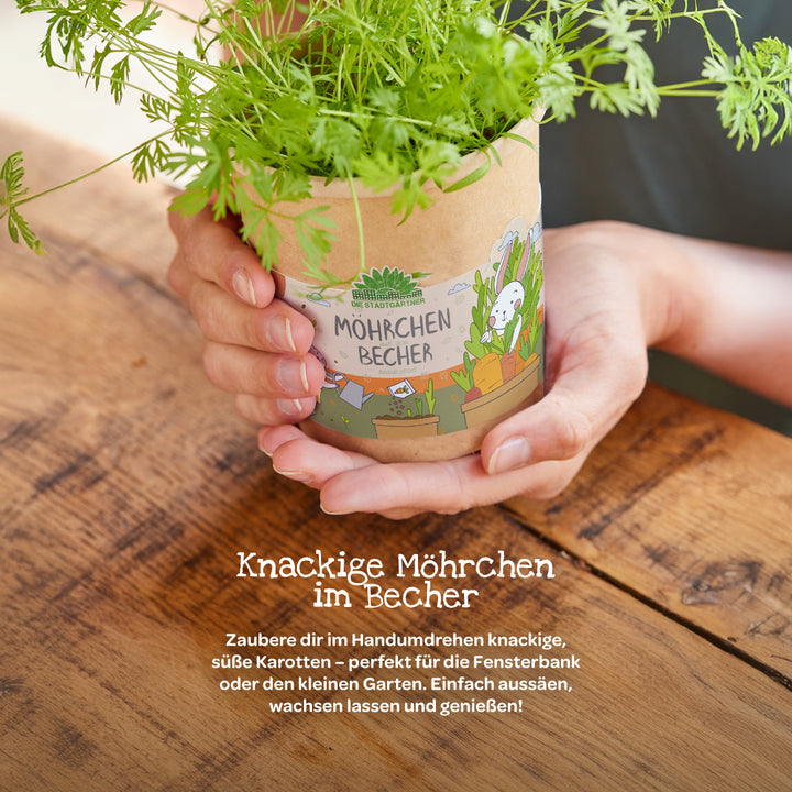 Personne tenant une tasse avec des plants de carottes en croissance sur une table en bois, étiquetée « Tasse de carottes ».