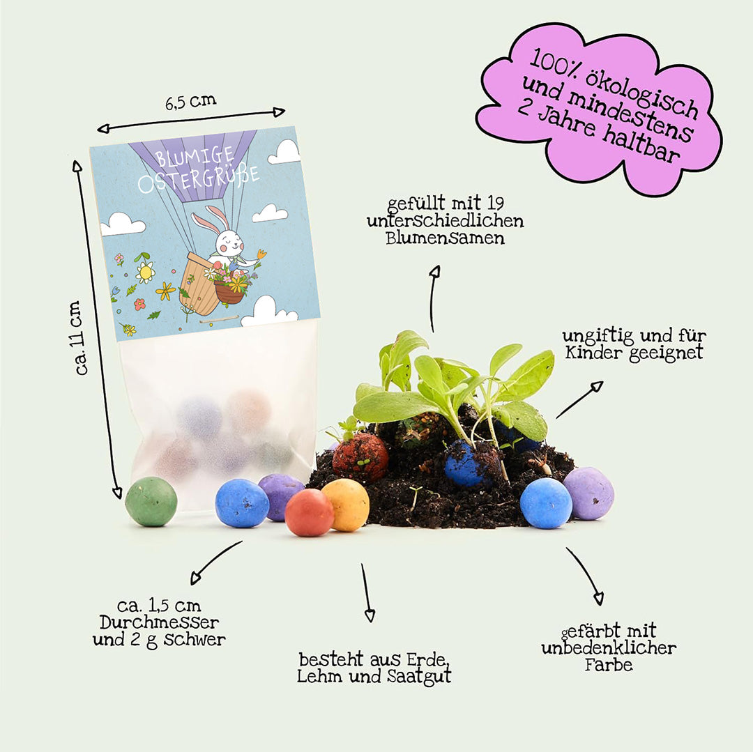 Sachets contenant des boules de graines colorées à partir desquelles poussent des plantes, entourés de textes explicatifs en allemand sur la taille, le contenu, le matériau et la sécurité.