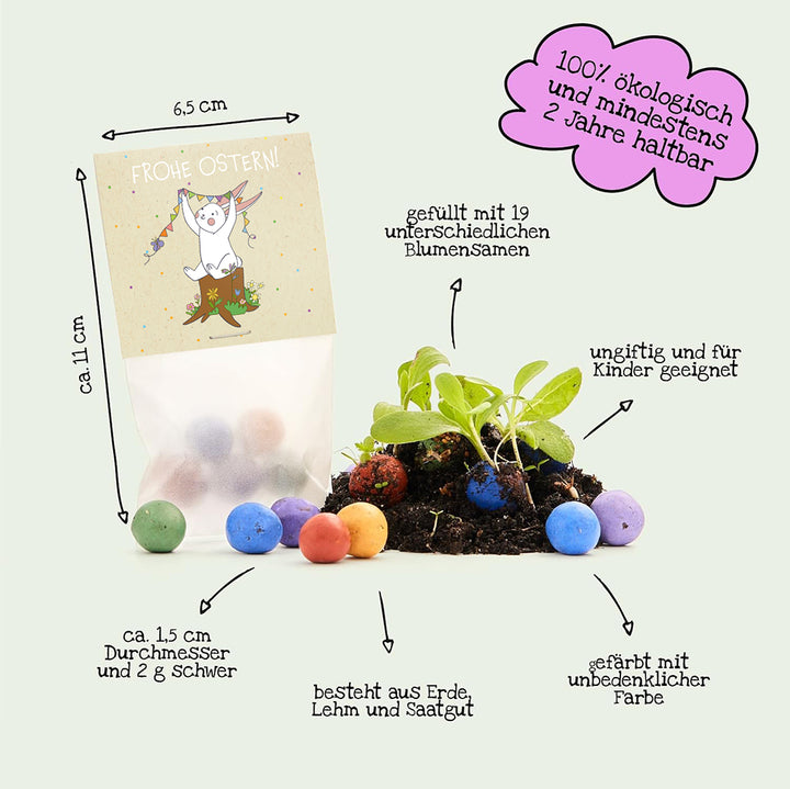 Sachet contenant des bombes à graines colorées, une étiquette illustrée « Joyeuses Pâques ! » et des textes explicatifs en allemand sur la taille, le contenu, la production écologique et la sécurité des enfants.