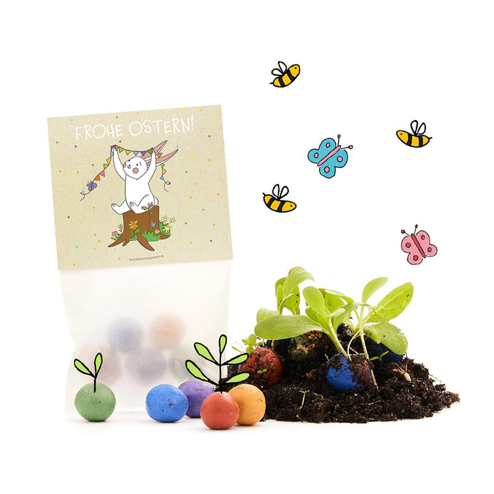 Cadeau de Pâques avec un mélange de graines colorées, une carte « Joyeuses Pâques » avec un lapin, des boules de graines et de jeunes plants, entourés d'abeilles et de papillons dessinés.