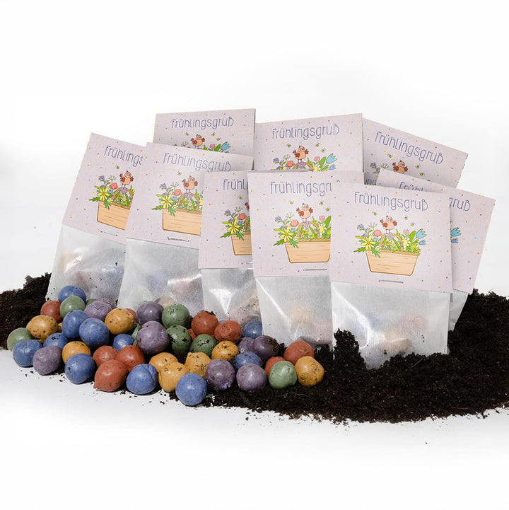 Plusieurs petits sacs portant l'inscription « Salutations de printemps », décorés d'un motif floral, reposent sur le sol, avec des boules de graines colorées devant eux.