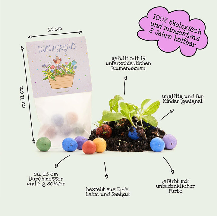 Sac de boules de graines de vœux printaniers, colorées et composées de terre, d'argile et de graines, avec des graines en germination, étiquetées avec des informations sur la taille, le poids, les ingrédients et la sécurité écologique.
