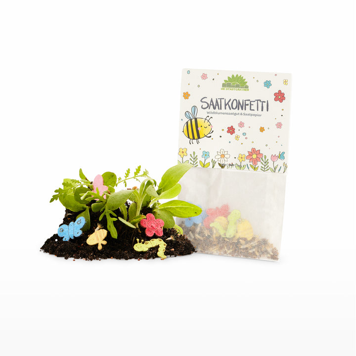 Sac de confettis de graines décoré de fleurs et d'une abeille, à côté de la terre avec de petites plantes et du papier de graines coloré en forme de papillons et de fleurs.