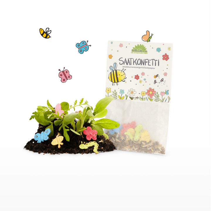 Sac de confettis de graines, figurines en papier de graines colorées, terre et jeunes plantes, avec des insectes et des fleurs illustrés en arrière-plan.