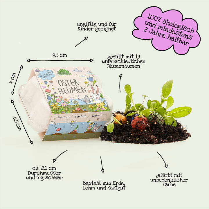 Une boîte en carton étiquetée « Fleurs de Pâques », à côté d'elle des boules de graines colorées et des semis dans le sol ; avec des étiquettes allemandes indiquant les mesures, les ingrédients et les propriétés.