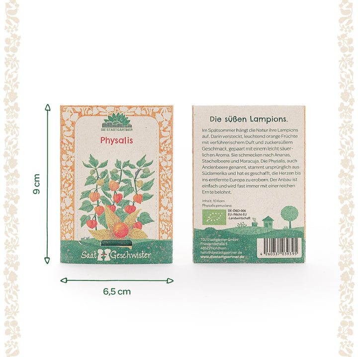 Deux sachets de graines de Physalis de "Saat Geschwister" avec une illustration de la plante, une description du produit au dos et des dimensions de 9 cm de haut et 6,5 cm de large.