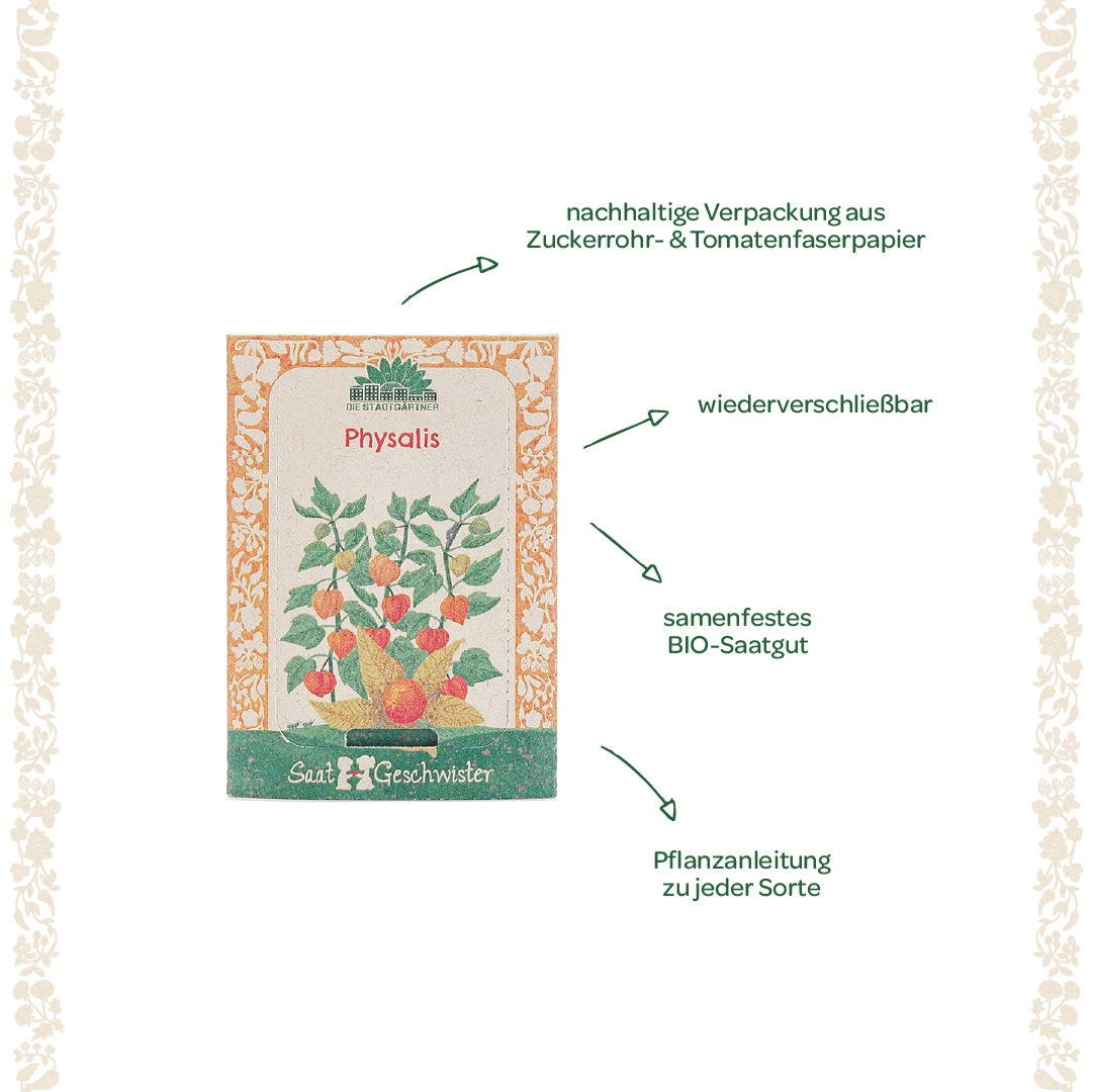 Emballage de graines pour Physalis avec emballage durable en papier de canne à sucre et de fibres de tomate, graines biologiques refermables et à pollinisation libre et instructions de plantation.