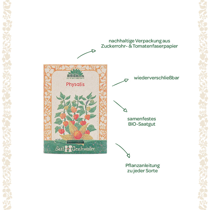 Emballage de graines pour Physalis avec emballage durable en papier de canne à sucre et de fibres de tomate, graines biologiques refermables et à pollinisation libre et instructions de plantation.