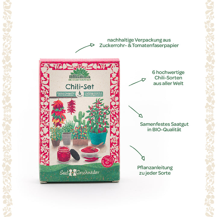 Coffret de piments de Die Stadtgärtner dans un emballage durable, avec des illustrations de diverses plantes de piments et des explications sur les graines de piments de haute qualité, la qualité biologique et les instructions de plantation.