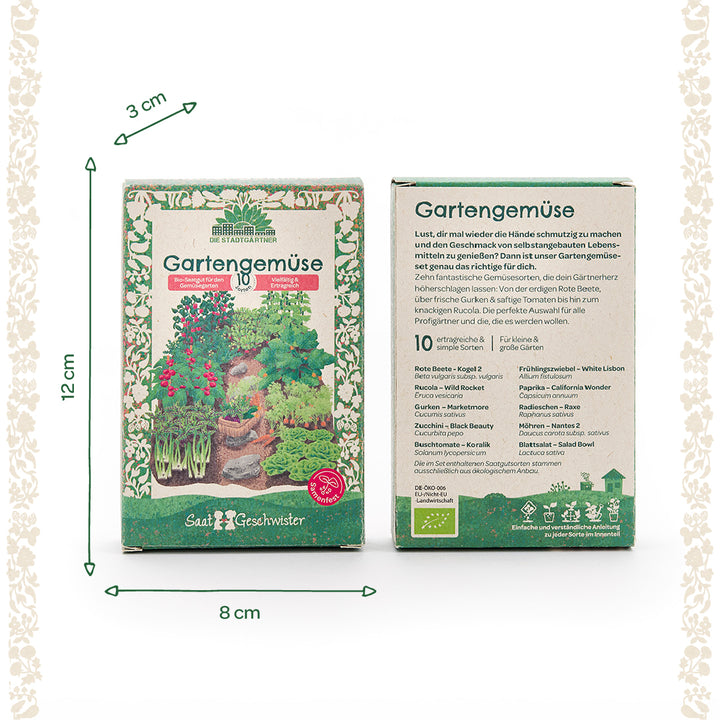 Deux paquets de graines de « Légumes du Jardin » avec dimensions (12 cm de haut, 8 cm de large, 3 cm de profondeur), recto avec illustrations de légumes, verso avec description et liste des variétés en allemand.