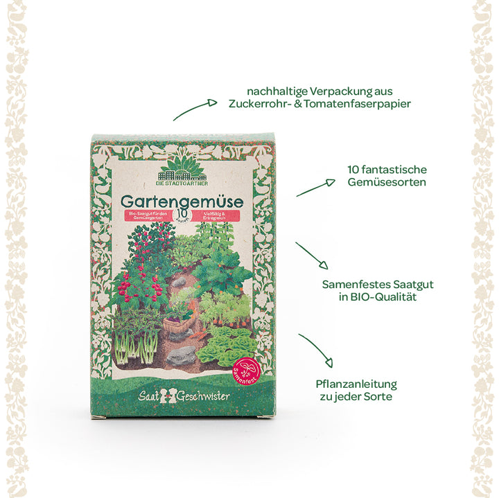 Emballage pour graines de légumes de jardin de « Die Stadtgärtner » avec emballage durable, 10 variétés de légumes différentes, graines biologiques à pollinisation libre et instructions de plantation pour chaque variété.