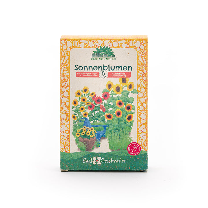 Paquet de graines de tournesol avec une image colorée et illustrée de tournesols sur le devant et un étiquetage allemand.
