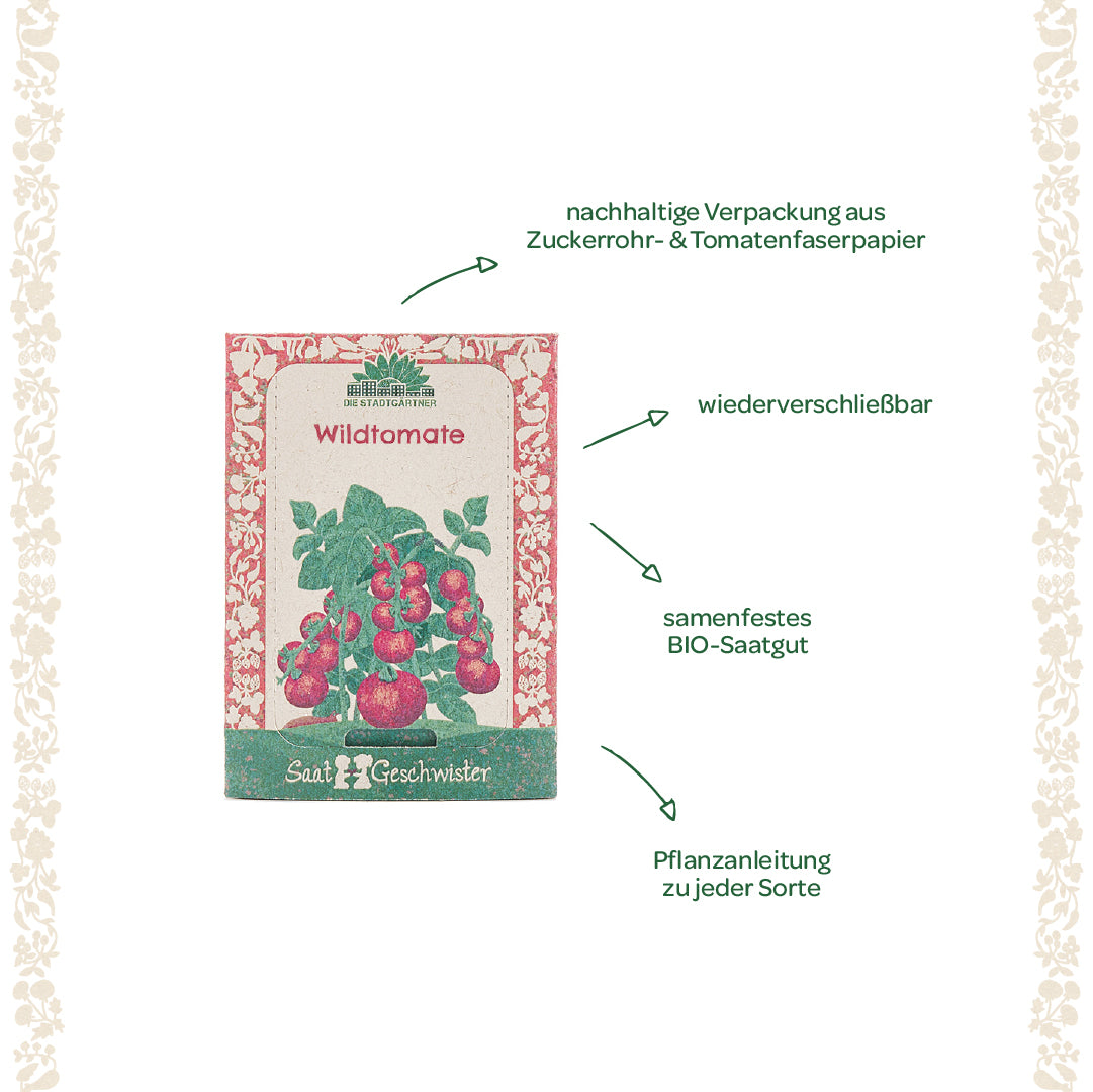 Sachet de graines pour tomates sauvages avec emballage conçu de manière durable, informations sur les graines biologiques, la refermabilité et les instructions de plantation, entouré de décorations florales.