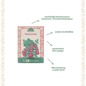 Sachet de graines pour tomates sauvages avec emballage conçu de manière durable, informations sur les graines biologiques, la refermabilité et les instructions de plantation, entouré de décorations florales.
