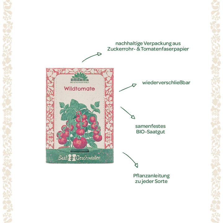 Sachet de graines pour tomates sauvages avec emballage conçu de manière durable, informations sur les graines biologiques, la refermabilité et les instructions de plantation, entouré de décorations florales.