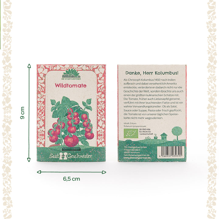 Deux paquets de graines de tomates sauvages de "Die Stadtgärtner" mesurant 9 cm de haut et 6,5 cm de large, avec une illustration de la plante au recto et un texte descriptif au verso.