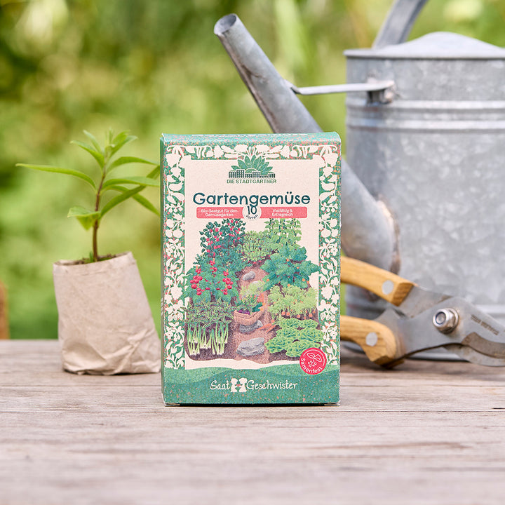 Paquet de graines de légumes de jardin sur une table en bois, à côté d'une petite plante, d'un arrosoir et d'un sécateur de jardin en arrière-plan.