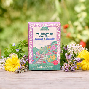 Un paquet de graines « Wildflower Classic » au design floral coloré est posé sur une table en bois, entouré de diverses fleurs sauvages fraîches, avec une nature verte floue en arrière-plan.