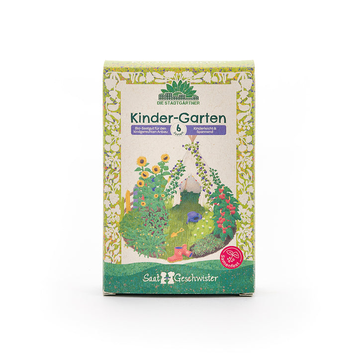 Coffret « Jardin d'enfants » de Die Stadtgärtner avec un aménagement de jardin coloré et adapté aux enfants et des illustrations de fleurs sur le devant.