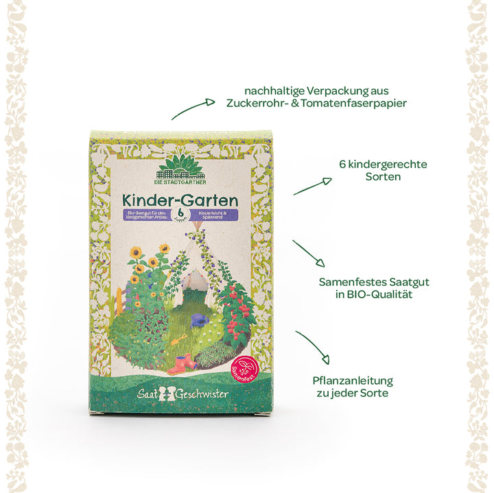 Emballage d'un kit de semences biologiques appelé « Kinder-Garten » avec des variétés adaptées aux enfants, un emballage durable et des instructions de plantation, entourés d'un texte explicatif en allemand.