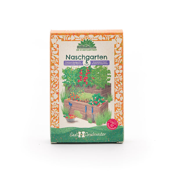 Pack "Naschgarten" de Die Stadtgärtner, présentant une illustration colorée de plates-bandes surélevées avec diverses herbes et légumes, entourées d'une décoration florale jaune orangé.