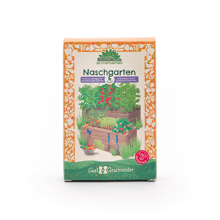 Pack "Naschgarten" de Die Stadtgärtner, présentant une illustration colorée de plates-bandes surélevées avec diverses herbes et légumes, entourées d'une décoration florale jaune orangé.