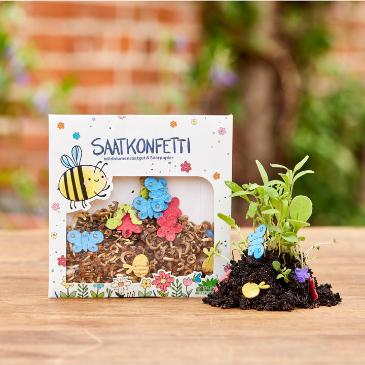 Pack de confettis de graines avec des graines de fleurs sauvages et du papier de graines coloré, à côté de petites plantes en croissance avec de la terre.