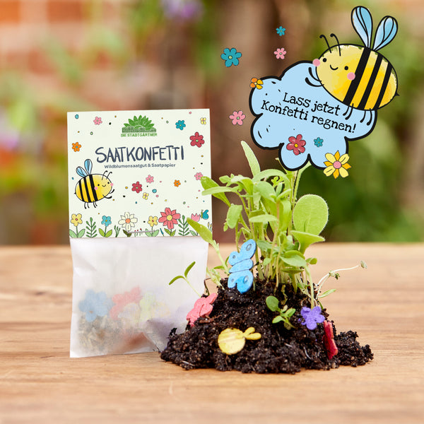 Sac imprimé avec "Seed Confetti" et graines de fleurs sauvages à côté de petits semis de fleurs sauvages sur terre, décoré de confettis en papier colorés et d'une abeille dessinée avec une bulle de dialogue indiquant "Qu'il pleuve des confettis maintenant !".