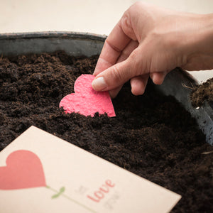 Une main plante un cœur en papier rouge dans un sol sombre, à côté se trouve une carte avec un motif de cœur.