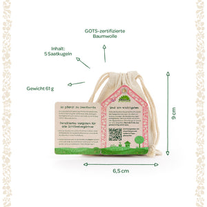 Sachet en coton certifié GOTS contenant 5 boules de graines, poids 61 g, 9 cm de haut et 6,5 cm de large, avec mode d'emploi.