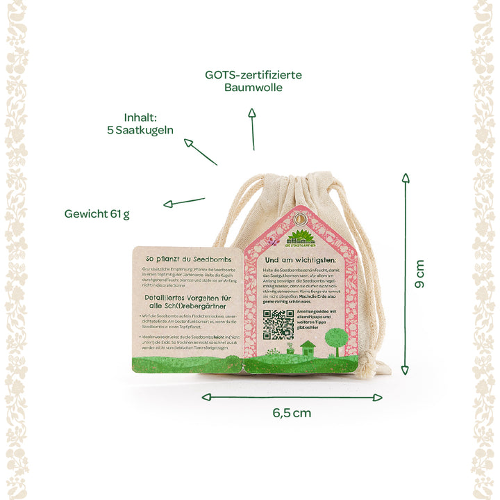 Sachet en coton certifié GOTS contenant 5 boules de graines, poids 61 g, 9 cm de haut et 6,5 cm de large, avec mode d'emploi.