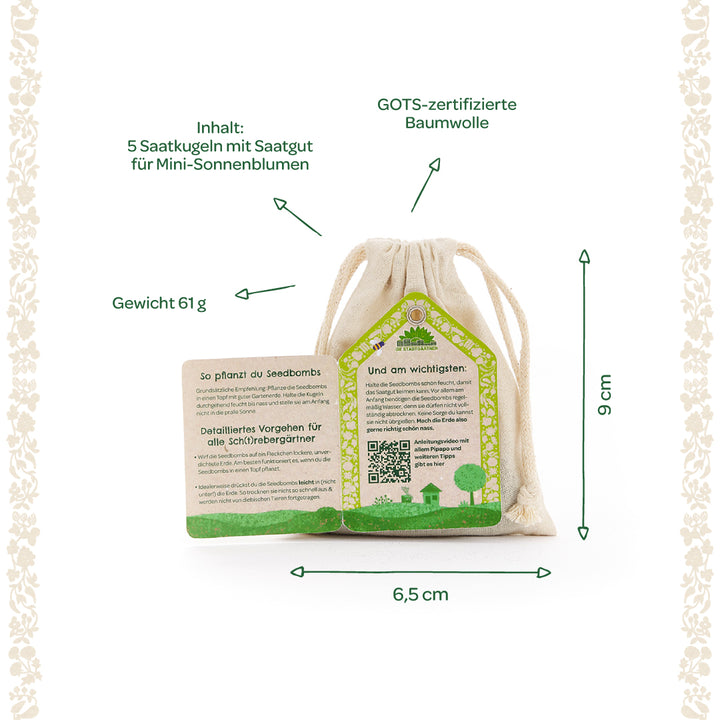 Petit sachet en coton avec notice et étiquette, contient 5 boules de graines pour mini tournesols, en coton certifié GOTS, dimensions 9 x 6,5 cm, poids 61 g.