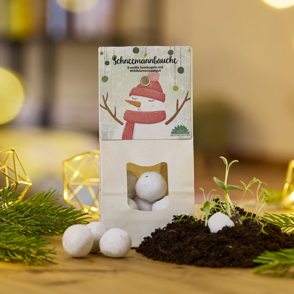 Un paquet de boules de graines blanches appelées « Snowman Bellies » se trouve sur une table, à côté de terre, de semis et de branches de sapin.