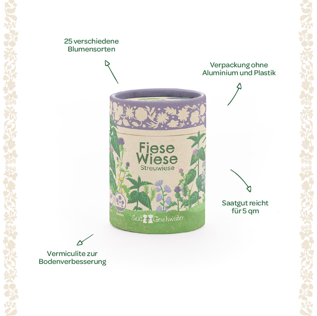 Emballage rond "Fiese Wiese Streuwiese" avec motifs floraux, entouré d'instructions en allemand : 25 variétés de fleurs différentes, vermiculite pour l'amélioration du sol, emballage sans plastique ni aluminium, graines suffisantes pour 5 m².
