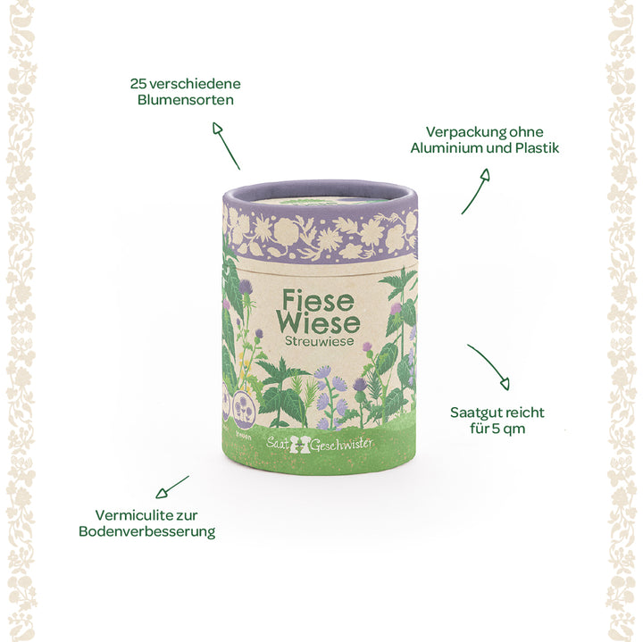 Emballage rond "Fiese Wiese Streuwiese" avec motifs floraux, entouré d'instructions en allemand : 25 variétés de fleurs différentes, vermiculite pour l'amélioration du sol, emballage sans plastique ni aluminium, graines suffisantes pour 5 m².