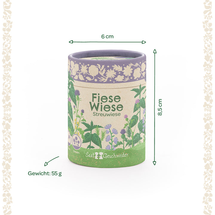 Boîte ronde avec l'inscription "Fiese Wiese Streuwiese", illustrations de fleurs, dimensions 6 cm de diamètre, 8,5 cm de hauteur, poids 55 g.
