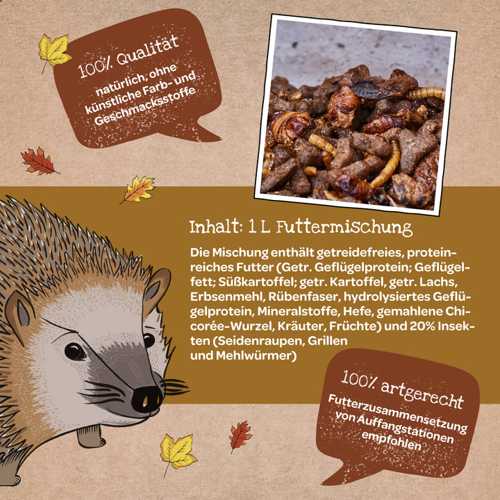 Illustration d'un hérisson avec des feuilles d'automne, à côté un texte sur la qualité, la composition adaptée à l'espèce et les ingrédients d'un mélange d'aliments sans céréales, ainsi qu'une photo de l'aliment avec des insectes et des granulés.