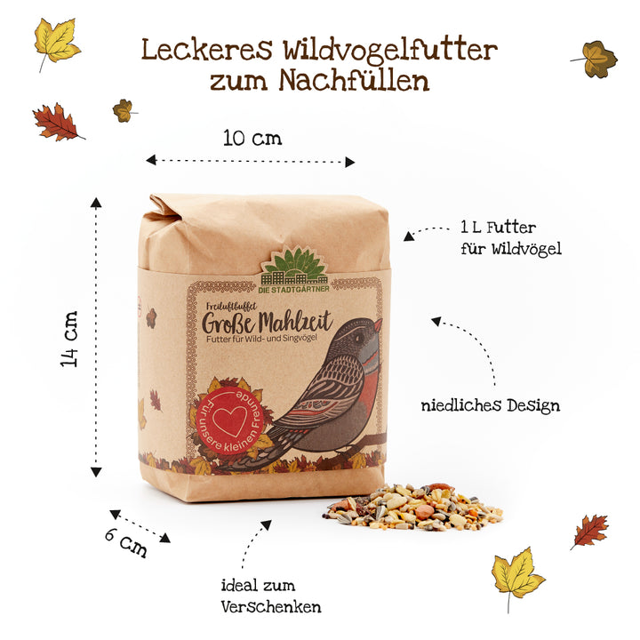 Sac en papier contenant de la nourriture pour oiseaux sauvages, motif d'oiseau illustré et nourriture pour oiseaux dispersée, entouré de feuilles d'automne et d'étiquettes indiquant la taille et l'utilisation.