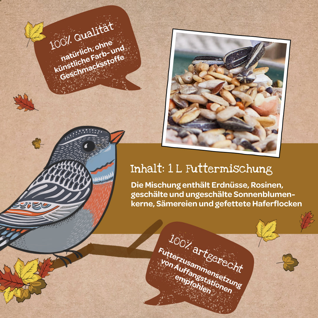 Illustration d'un oiseau avec des feuilles d'automne, à côté une photo de nourriture mixte pour oiseaux et un texte d'information sur la qualité et la composition de la nourriture en allemand.