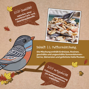 Illustration d'un oiseau avec des feuilles d'automne, à côté une photo de nourriture mixte pour oiseaux et un texte d'information sur la qualité et la composition de la nourriture en allemand.