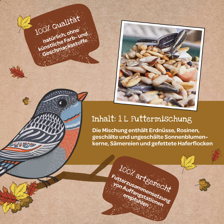 Illustration d'un oiseau avec des feuilles d'automne, à côté une photo de nourriture mixte pour oiseaux et un texte d'information sur la qualité et la composition de la nourriture en allemand.